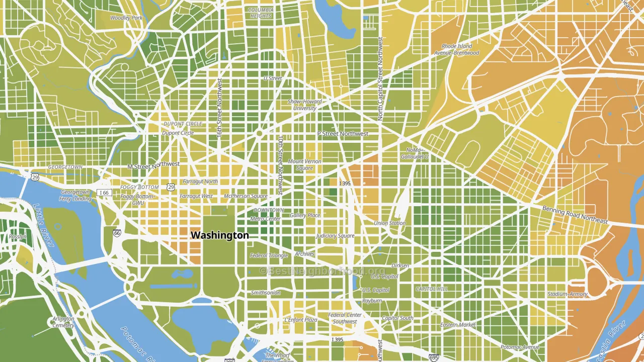 Map of the best neighborhoods in the Mt Vernon Square, Washington area, with better matches in green and worse matches in red