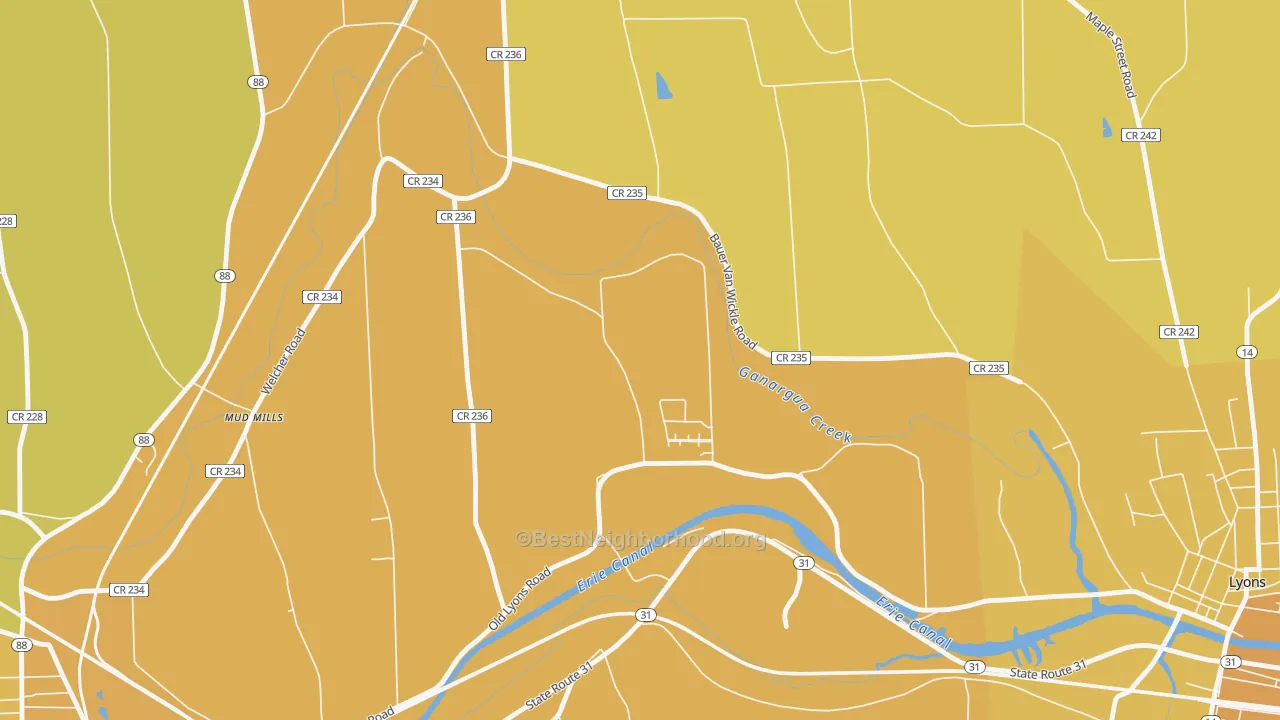 Map of the best neighborhoods in the Mud Mills area, with better matches in green and worse matches in red