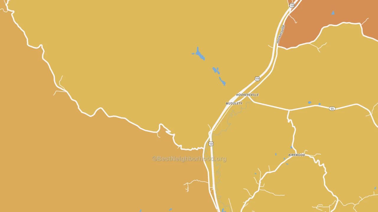 Map of the best neighborhoods in the Muddlety area, with better matches in green and worse matches in red