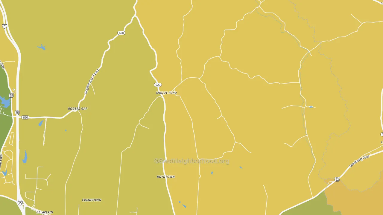 Map of the best neighborhoods in the Muddy Ford area, with better matches in green and worse matches in red