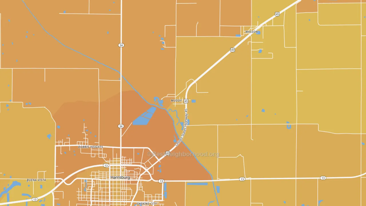 Map of the best neighborhoods in the Muddy area, with better matches in green and worse matches in red
