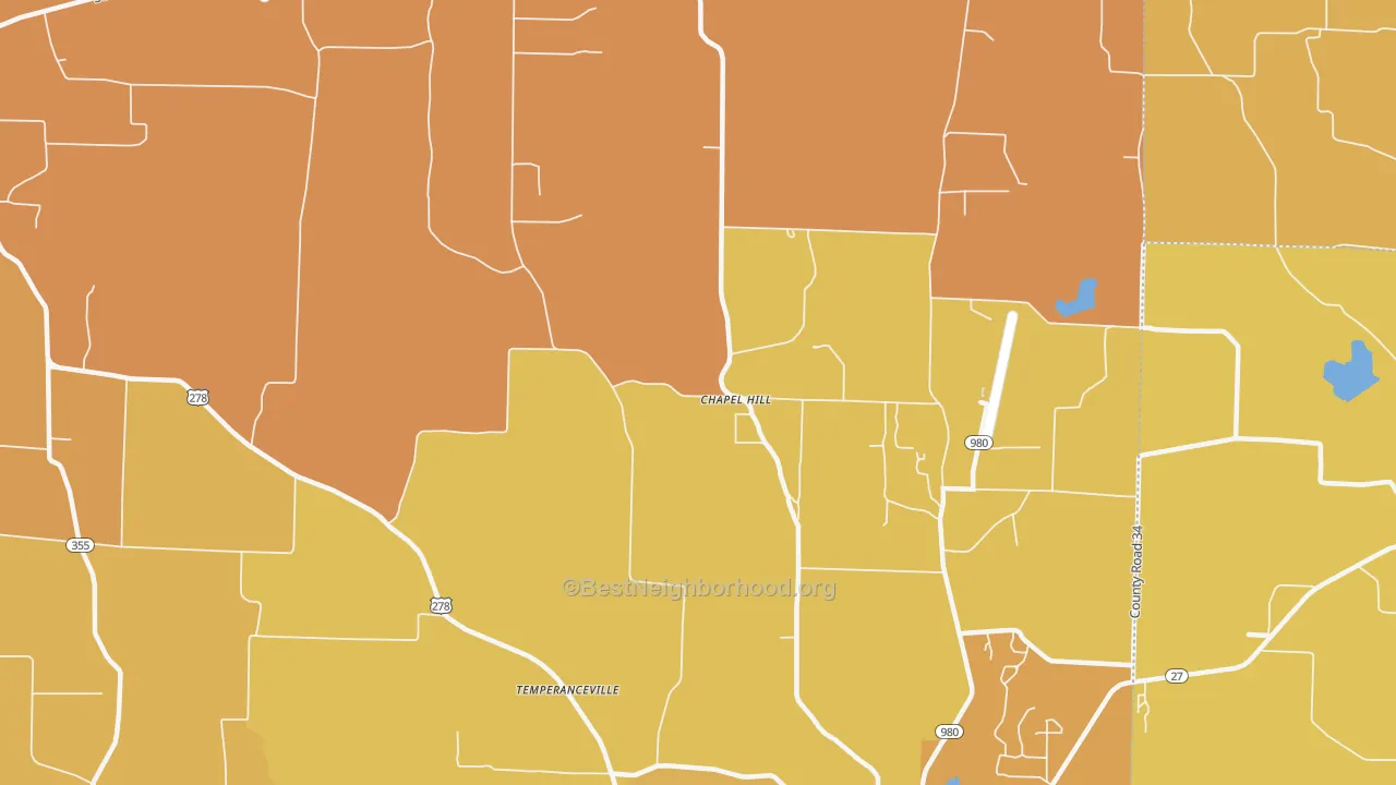 Map of the best neighborhoods in the Muddyfork area, with better matches in green and worse matches in red