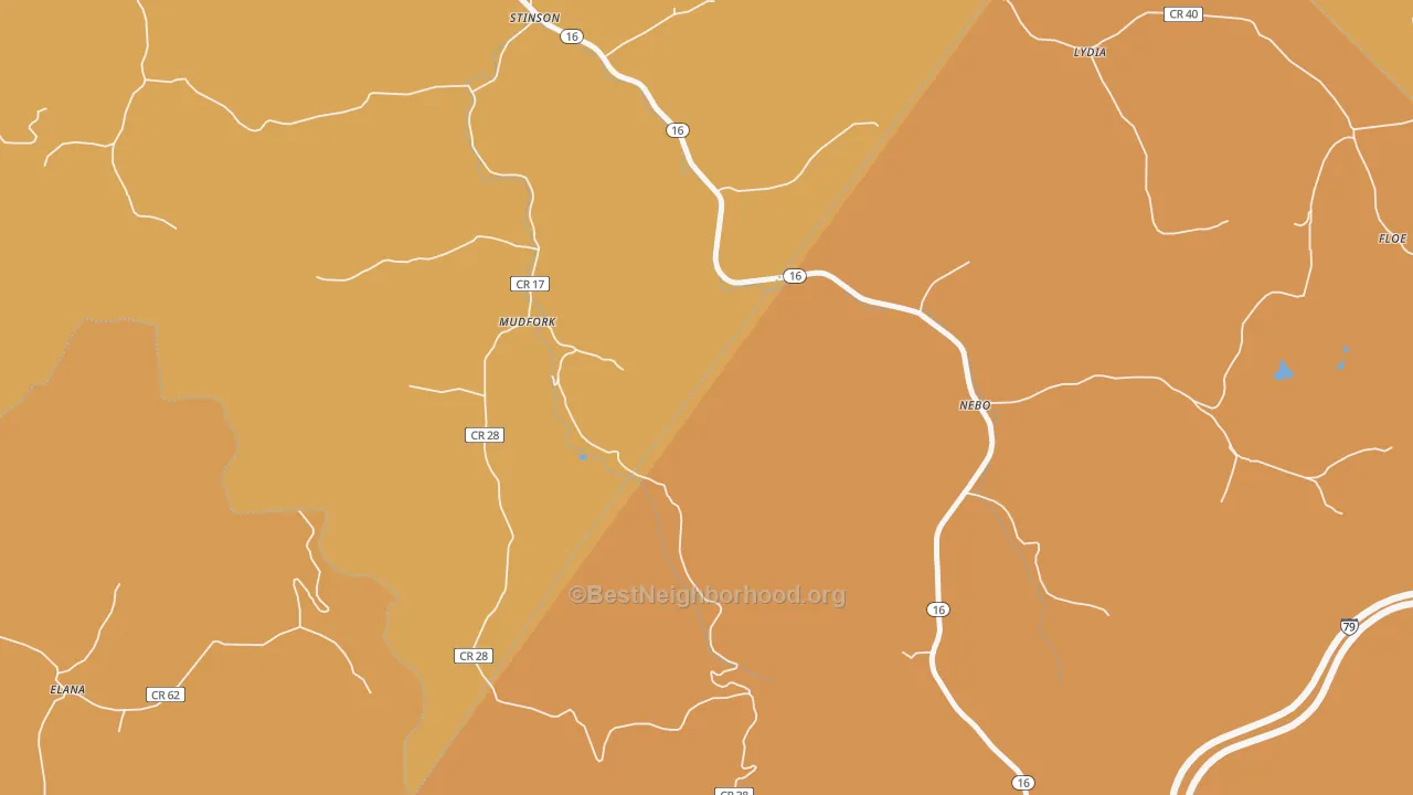 Map of the best neighborhoods in the Mudfork area, with better matches in green and worse matches in red