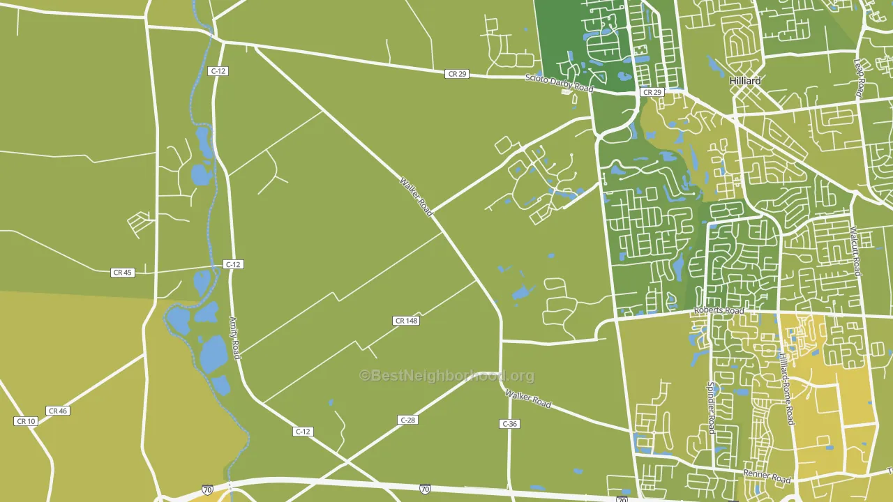 Map of the best neighborhoods in the Mudsock area, with better matches in green and worse matches in red