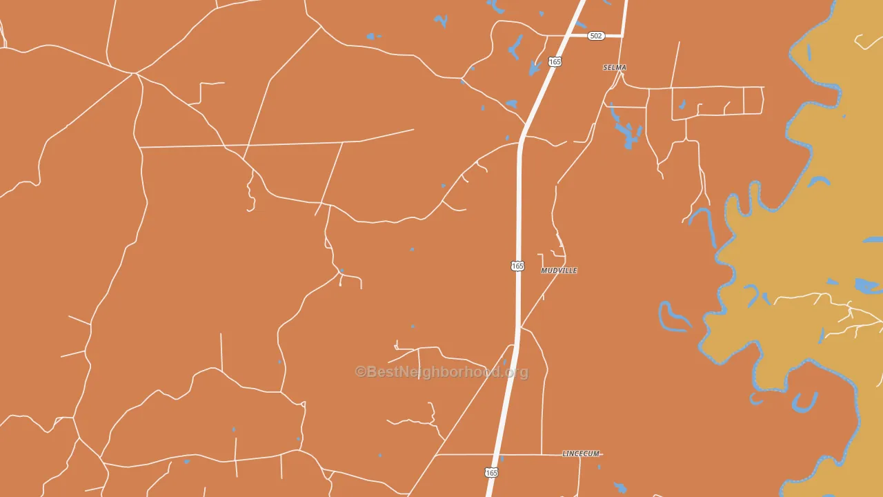 Map of the best neighborhoods in the Mudville area, with better matches in green and worse matches in red