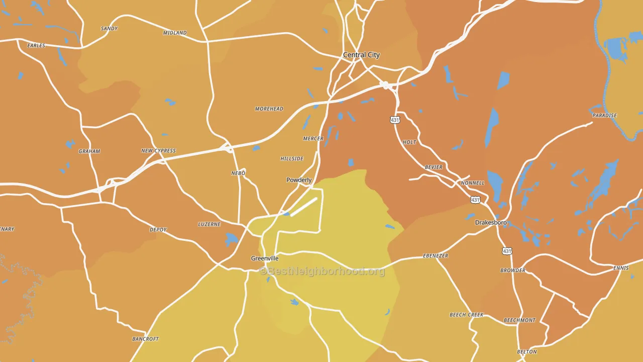 Map of the best neighborhoods in the Muhlenberg County area, with better matches in green and worse matches in red