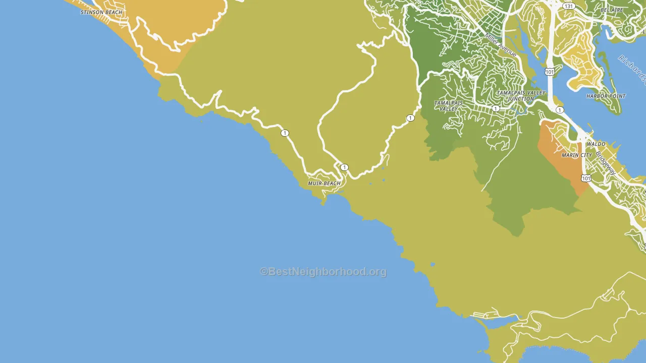 Map of the best neighborhoods in the Muir Beach area, with better matches in green and worse matches in red