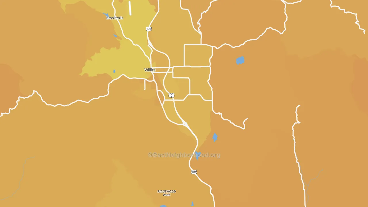 Map of the best neighborhoods in the Muir area, with better matches in green and worse matches in red
