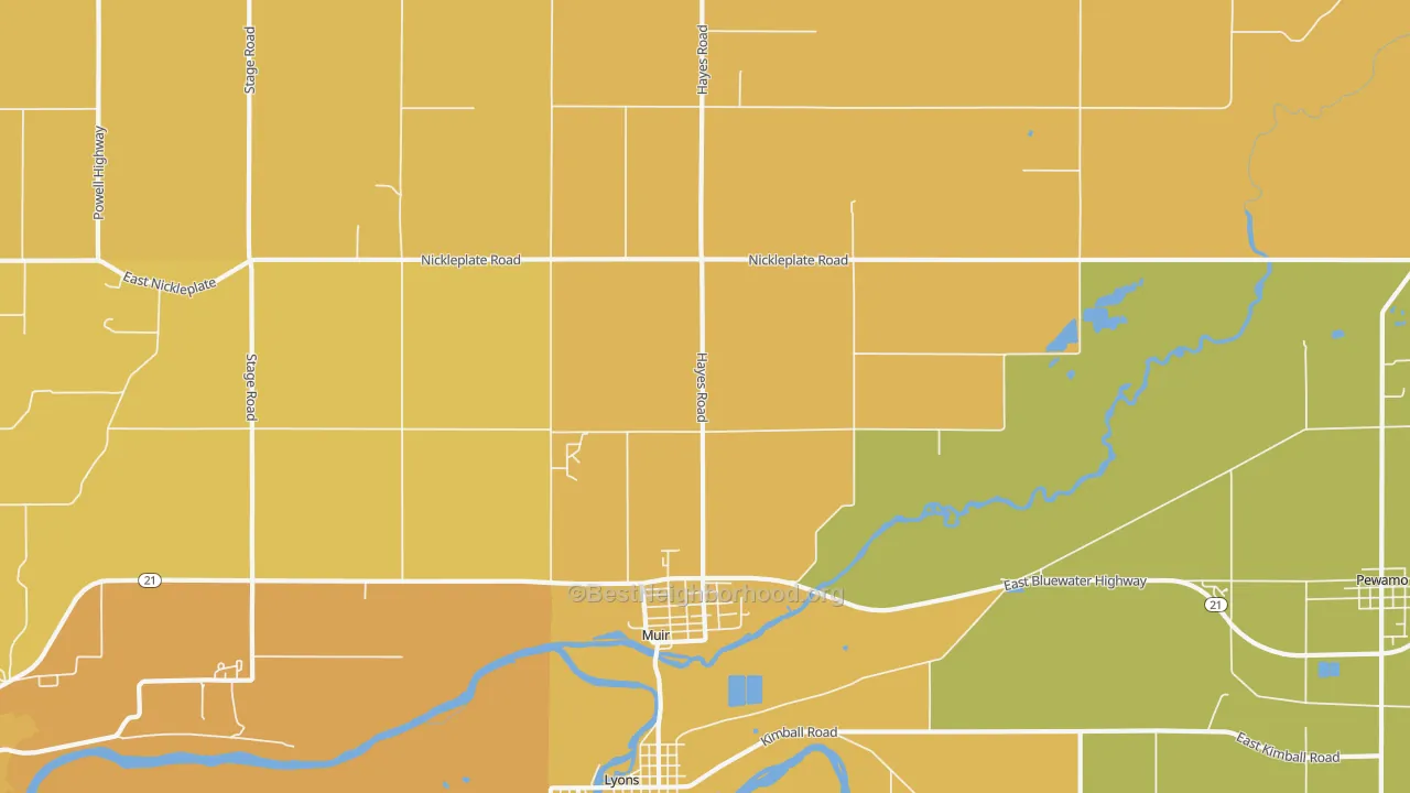 Map of the best neighborhoods in the Muir area, with better matches in green and worse matches in red