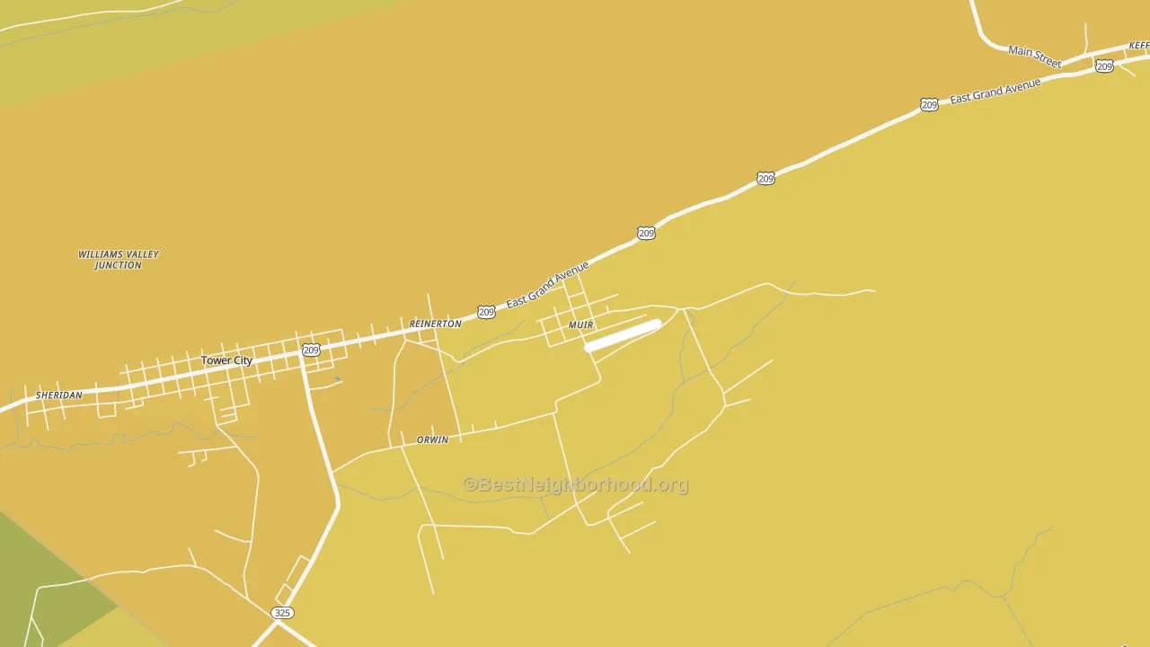 Map of the best neighborhoods in the Muir area, with better matches in green and worse matches in red