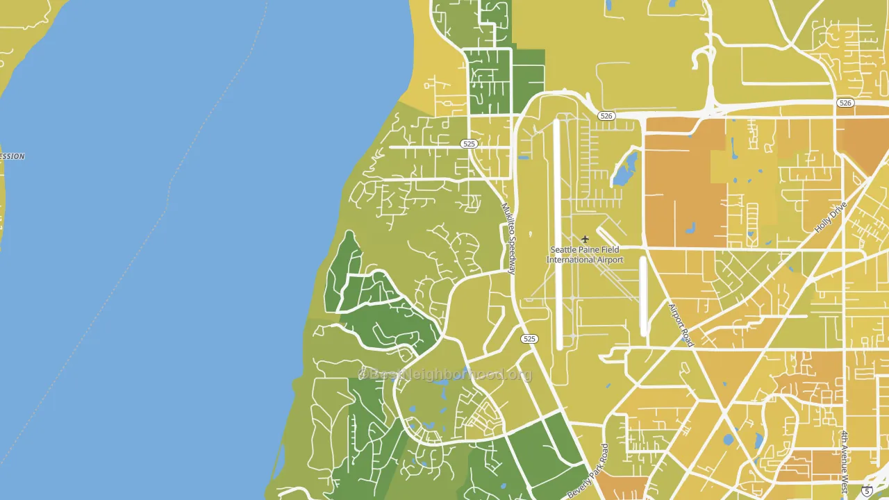 Map of the best neighborhoods in the Mukilteo area, with better matches in green and worse matches in red