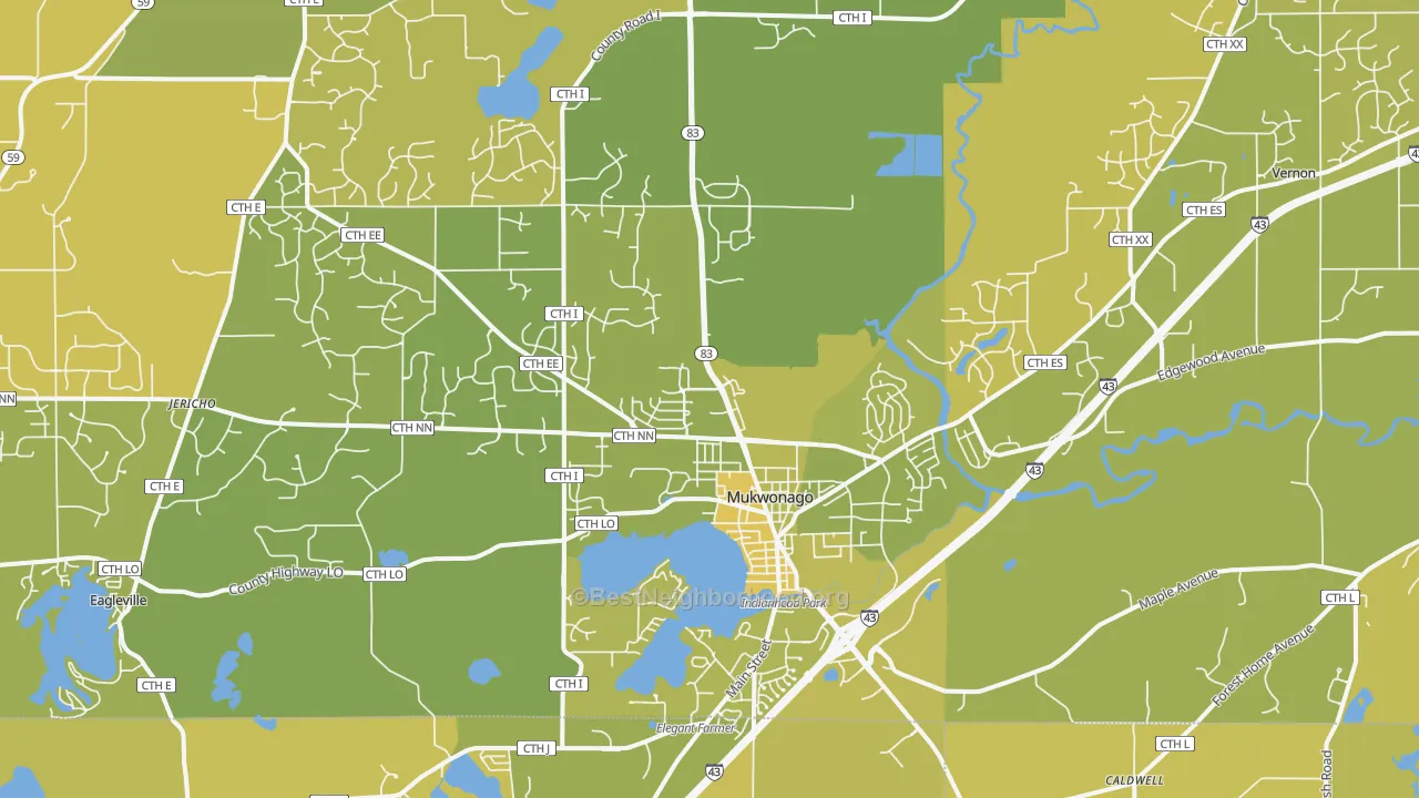 Map of the best neighborhoods in the Mukwonago area, with better matches in green and worse matches in red