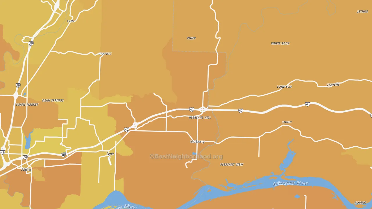 Map of the best neighborhoods in the Mulberry area, with better matches in green and worse matches in red