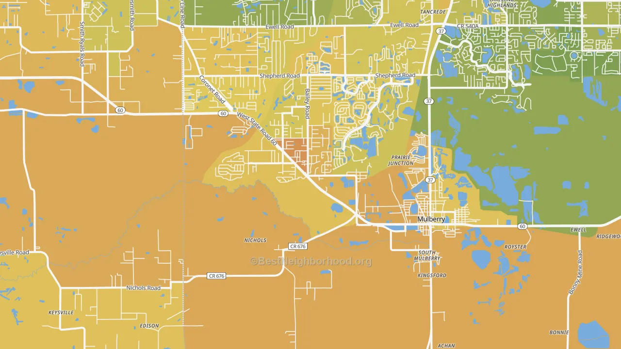 Map of the best neighborhoods in the Mulberry area, with better matches in green and worse matches in red