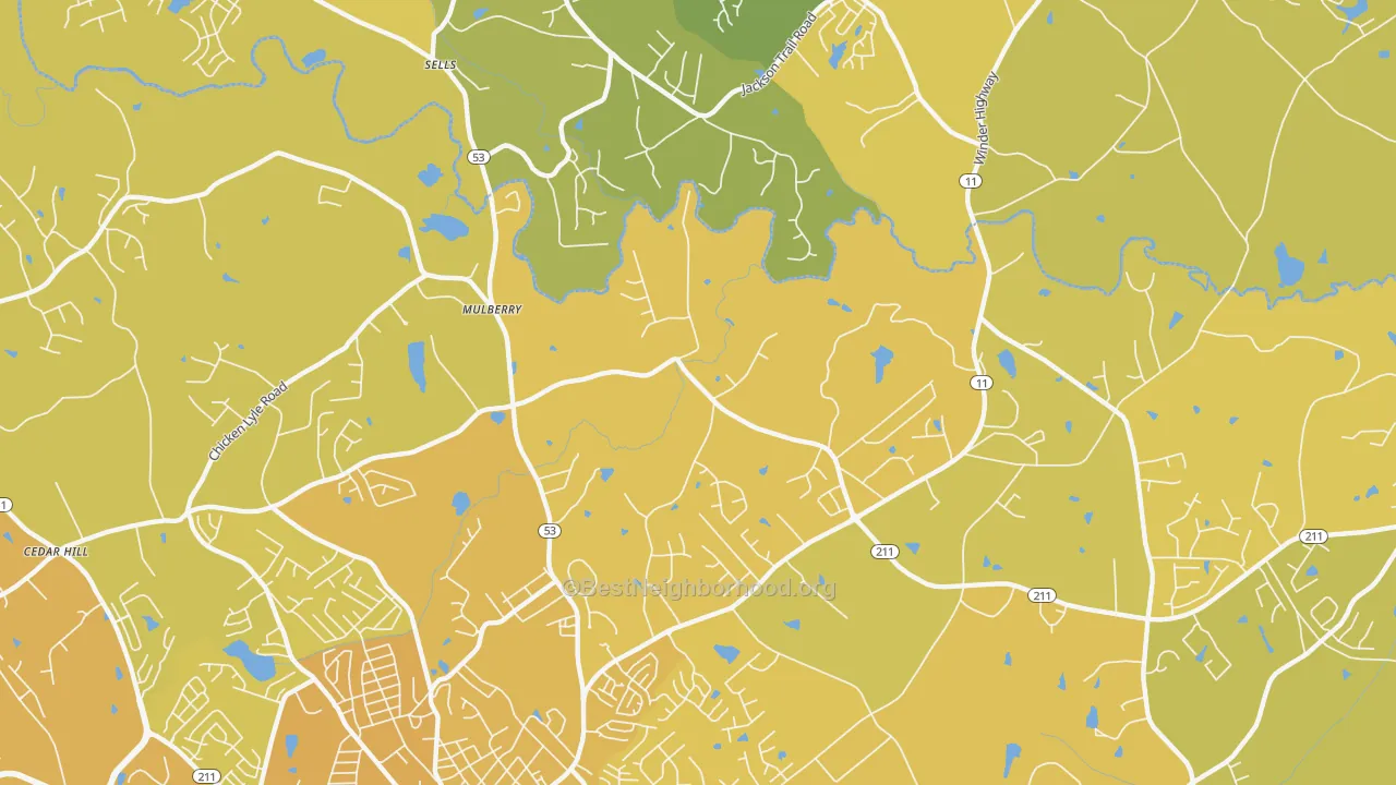 Map of the best neighborhoods in the Mulberry area, with better matches in green and worse matches in red