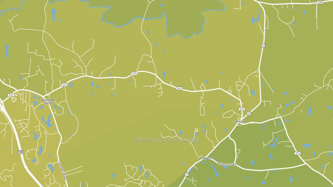 Map of the best neighborhoods in the Mulberry Grove area, with better matches in green and worse matches in red
