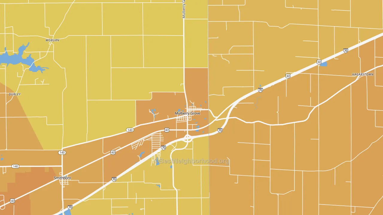Map of the best neighborhoods in the Mulberry Grove area, with better matches in green and worse matches in red