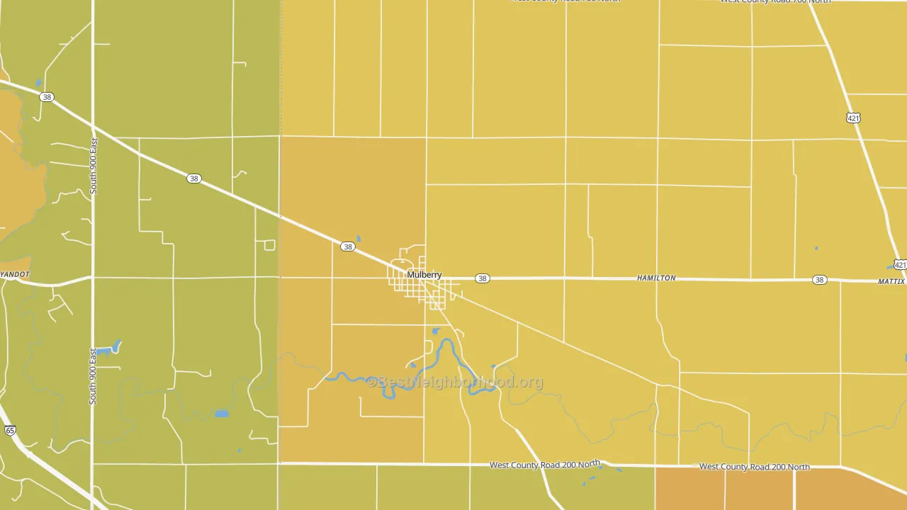 Map of the best neighborhoods in the Mulberry area, with better matches in green and worse matches in red