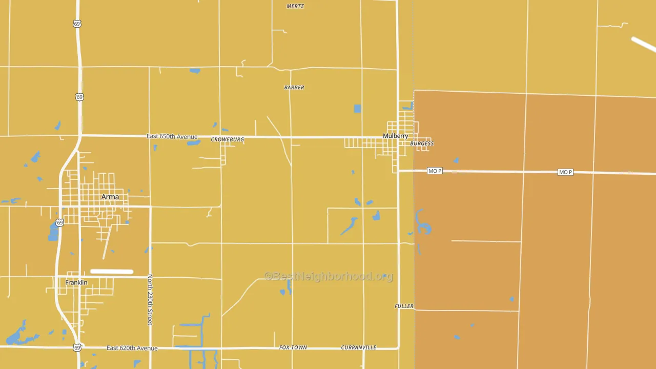 Map of the best neighborhoods in the Mulberry area, with better matches in green and worse matches in red