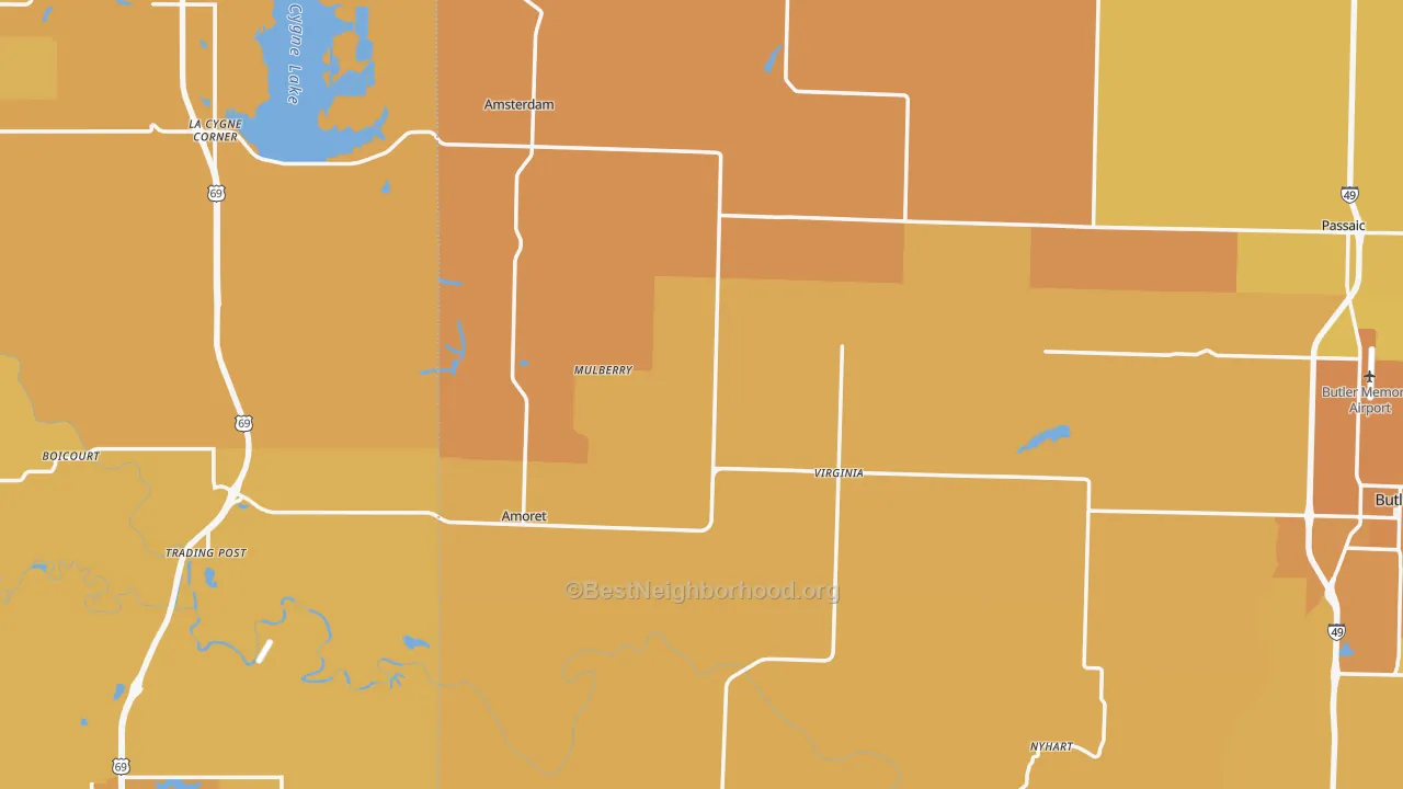 Map of the best neighborhoods in the Mulberry area, with better matches in green and worse matches in red