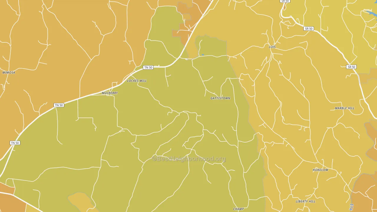 Map of the best neighborhoods in the Mulberry area, with better matches in green and worse matches in red