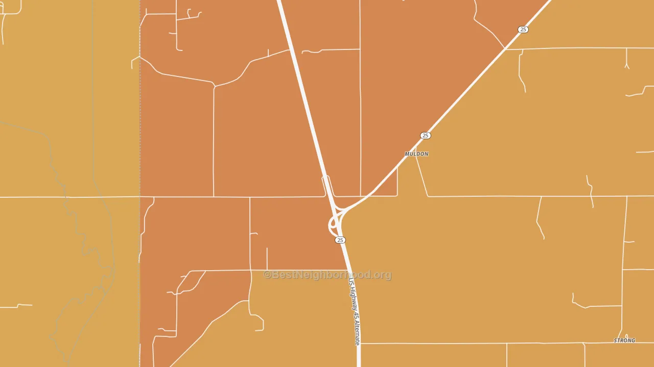 Map of the best neighborhoods in the Muldon area, with better matches in green and worse matches in red