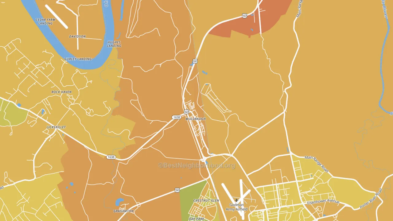 Map of the best neighborhoods in the Muldraugh area, with better matches in green and worse matches in red