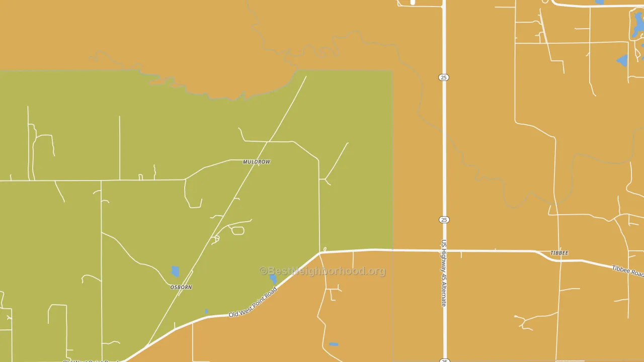 Map of the best neighborhoods in the Muldrow area, with better matches in green and worse matches in red