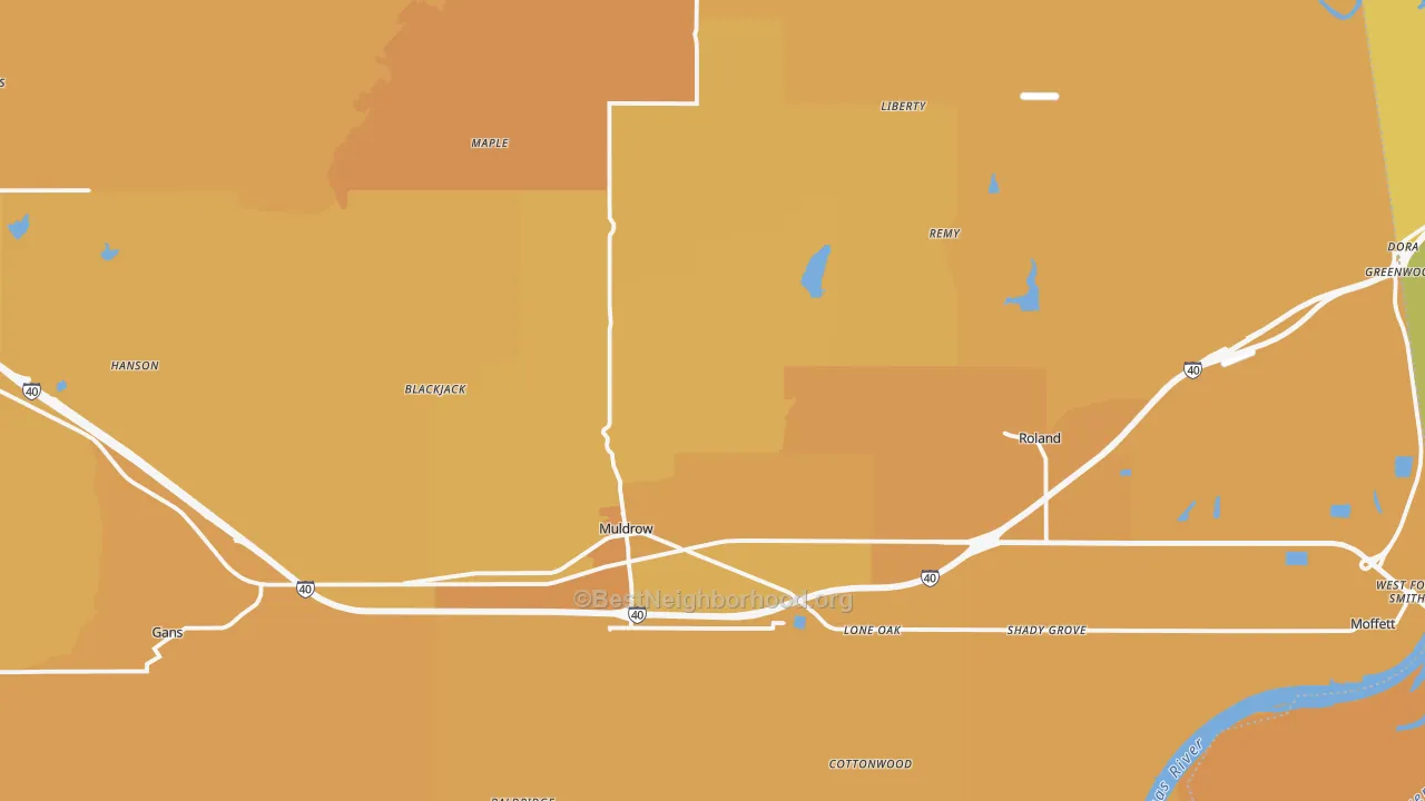 Map of the best neighborhoods in the Muldrow area, with better matches in green and worse matches in red