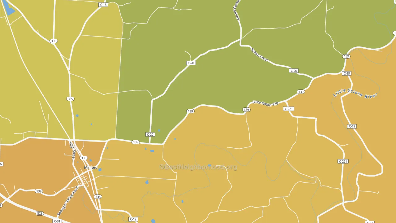 Map of the best neighborhoods in the Mule Town area, with better matches in green and worse matches in red
