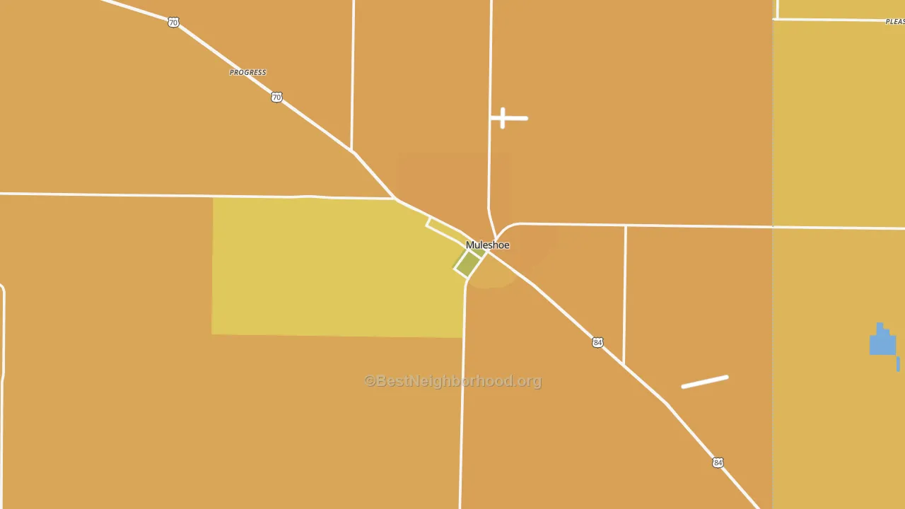 Map of the best neighborhoods in the Muleshoe area, with better matches in green and worse matches in red