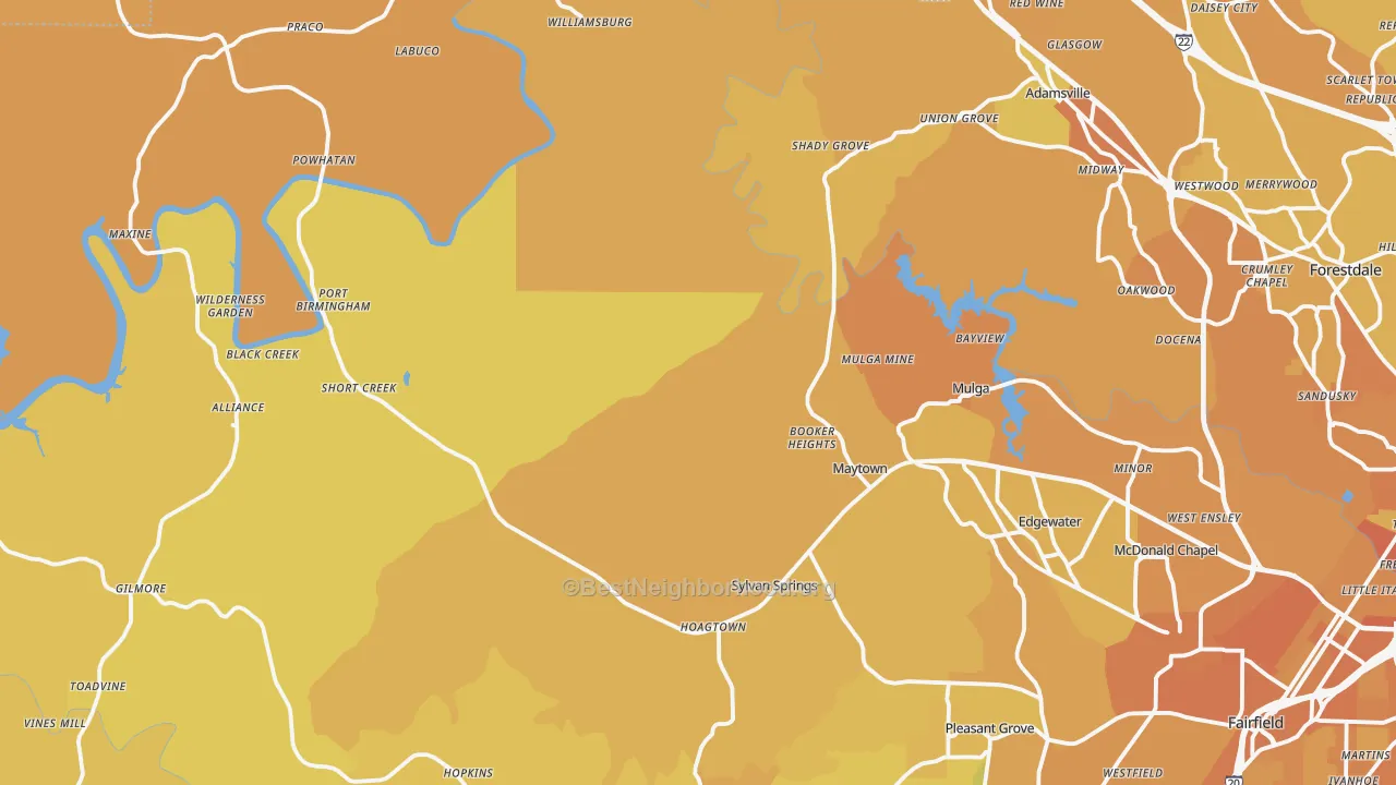 Map of the best neighborhoods in the Mulga area, with better matches in green and worse matches in red