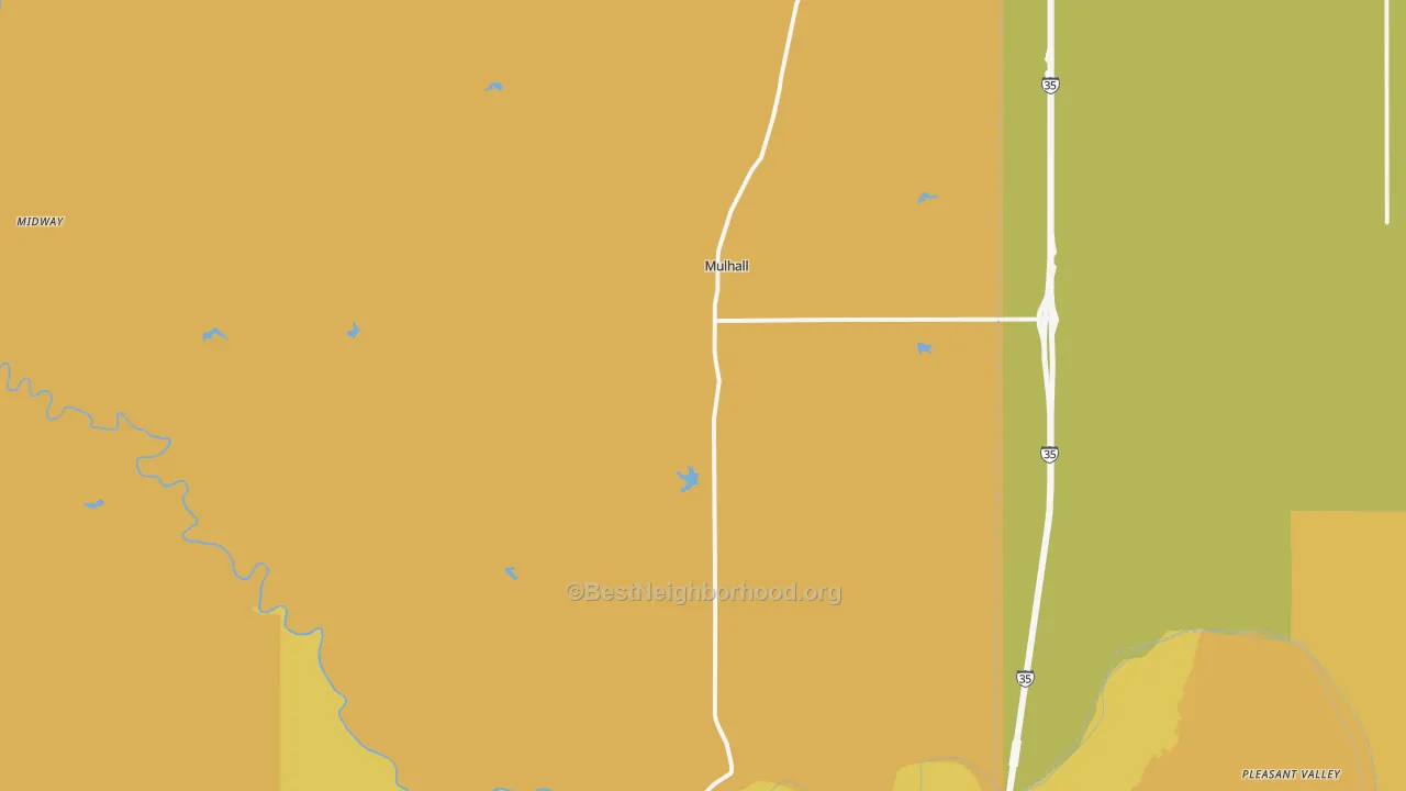 Map of the best neighborhoods in the Mulhall area, with better matches in green and worse matches in red