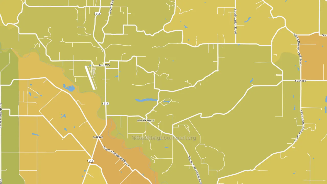 Map of the best neighborhoods in the Mulino area, with better matches in green and worse matches in red