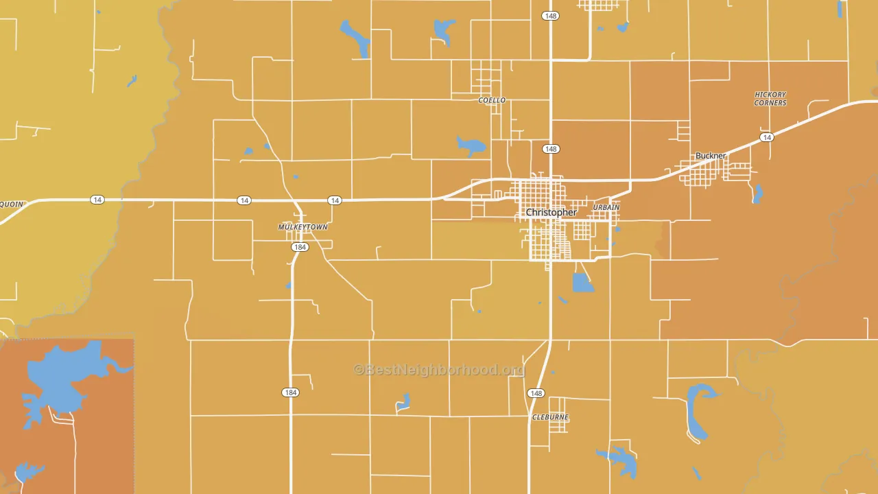 Map of the best neighborhoods in the Mulkeytown area, with better matches in green and worse matches in red