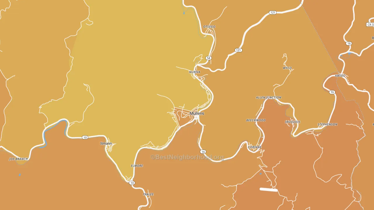 Map of the best neighborhoods in the Mullens area, with better matches in green and worse matches in red