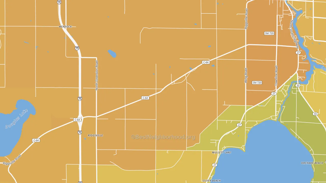 Map of the best neighborhoods in the Mullett Lake area, with better matches in green and worse matches in red