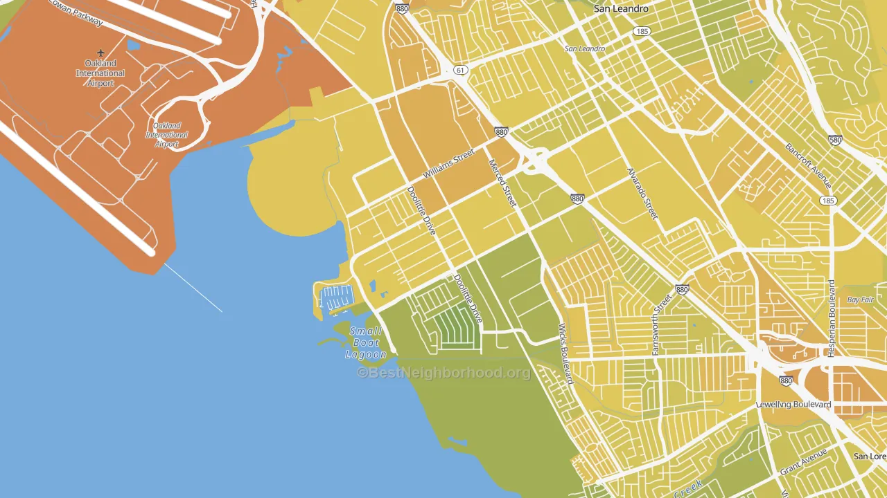 Map of the best neighborhoods in the Mullford Gardens, San Leandro area, with better matches in green and worse matches in red