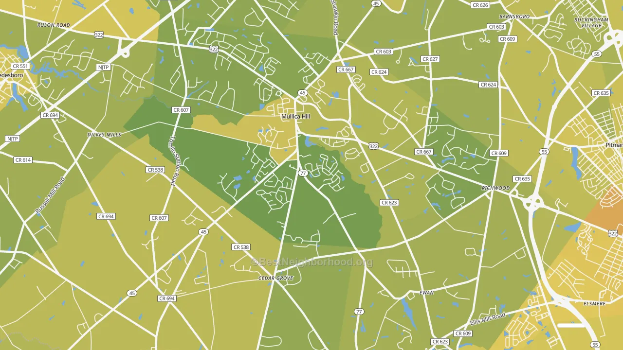 Map of the best neighborhoods in the Mullica Hill area, with better matches in green and worse matches in red