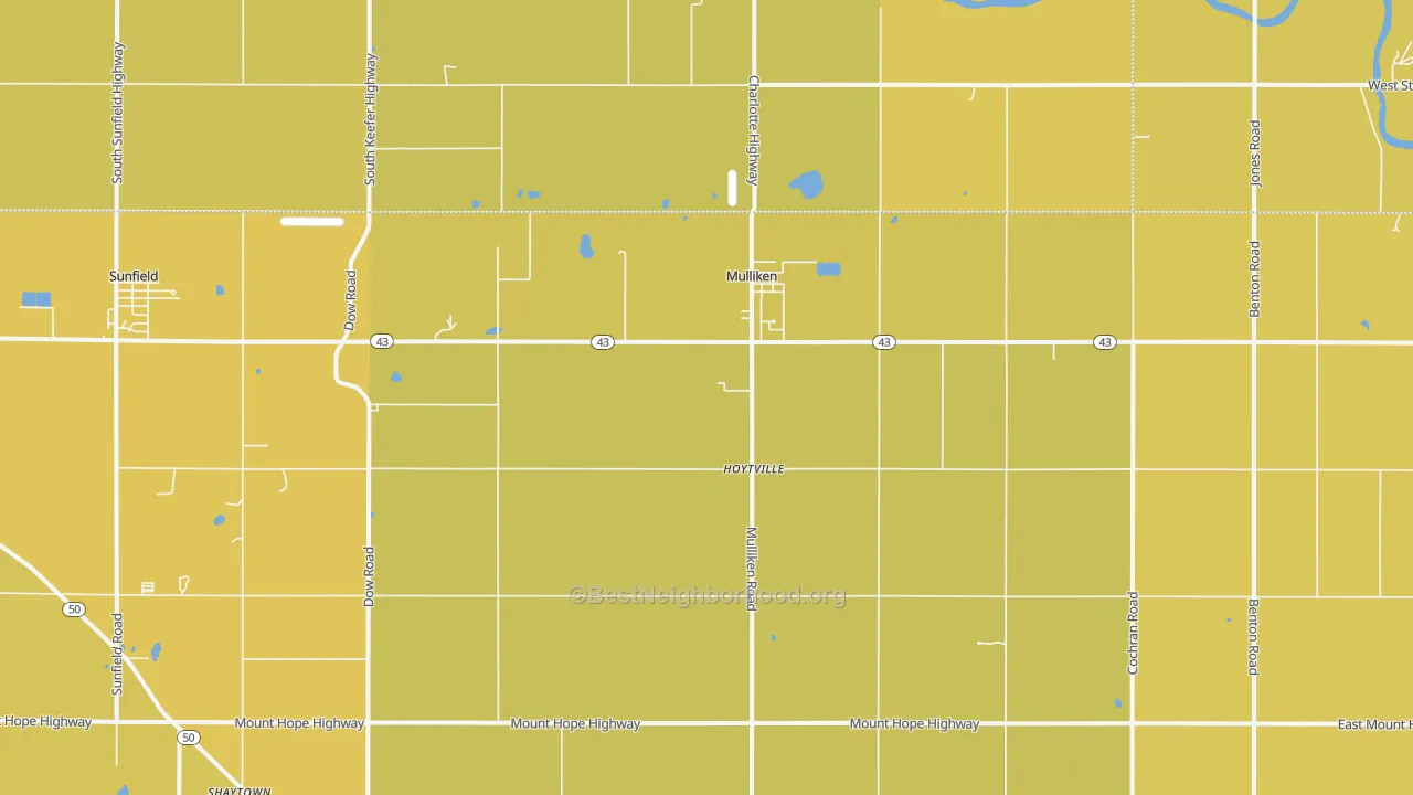 Map of the best neighborhoods in the Mulliken area, with better matches in green and worse matches in red