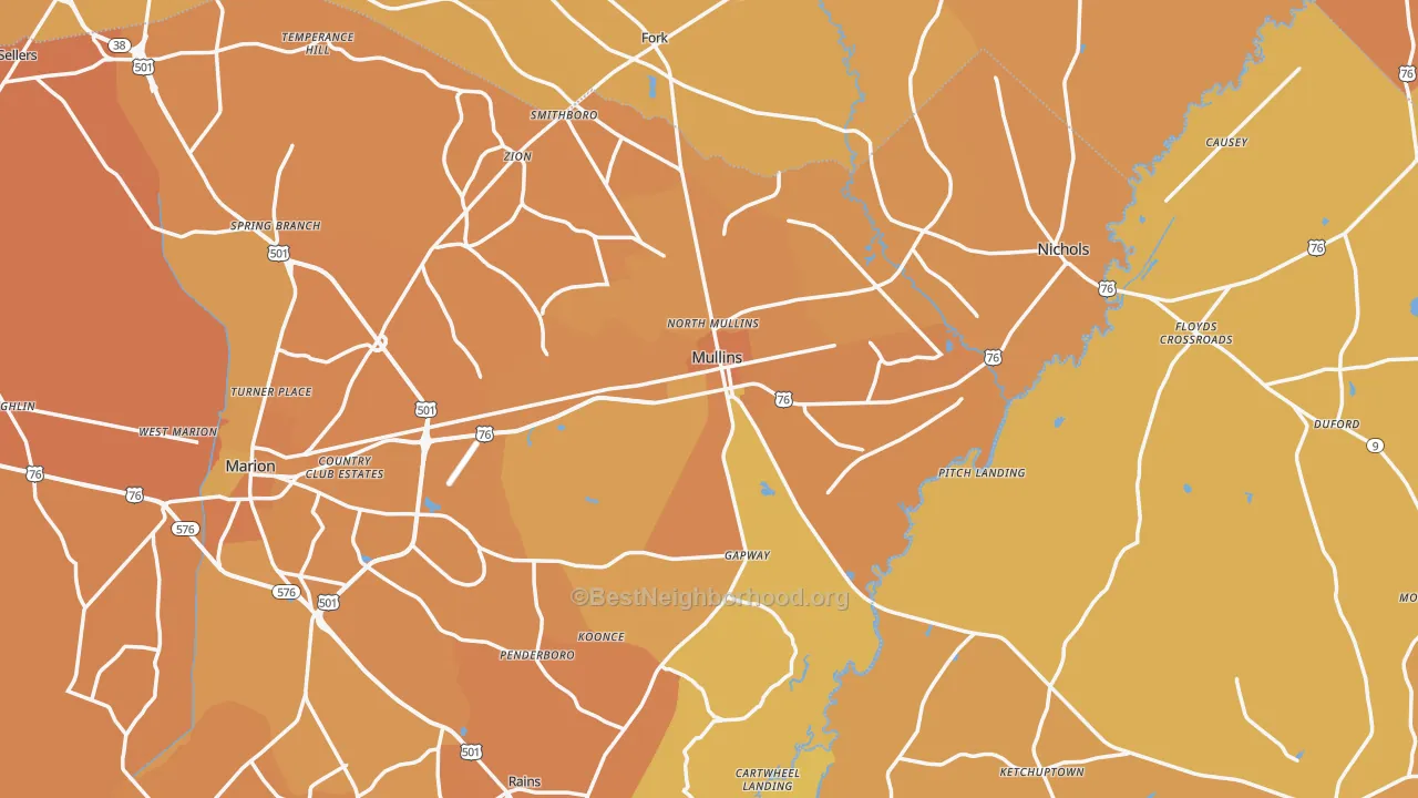 Map of the best neighborhoods in the Mullins area, with better matches in green and worse matches in red