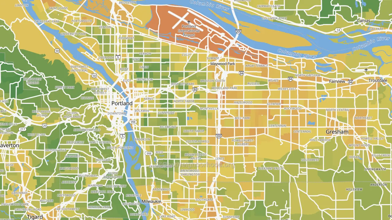 Map of the best neighborhoods in the Multnomah County area, with better matches in green and worse matches in red