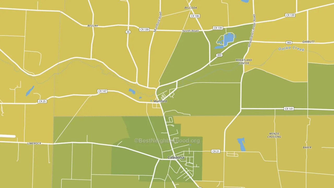 Map of the best neighborhoods in the Mumford area, with better matches in green and worse matches in red