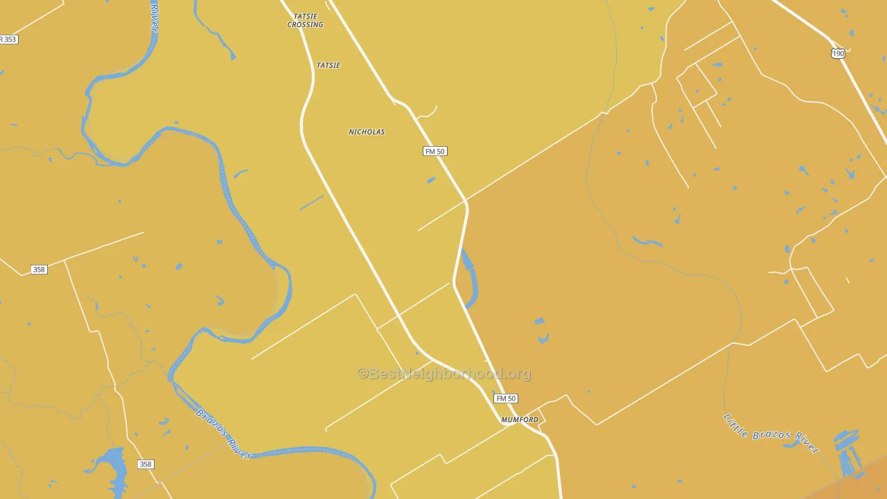 Map of the best neighborhoods in the Mumford area, with better matches in green and worse matches in red