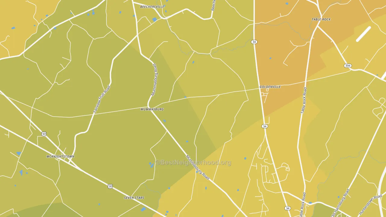 Map of the best neighborhoods in the Mummasburg area, with better matches in green and worse matches in red