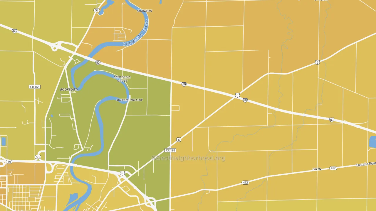 Map of the best neighborhoods in the Muncie Hollow area, with better matches in green and worse matches in red