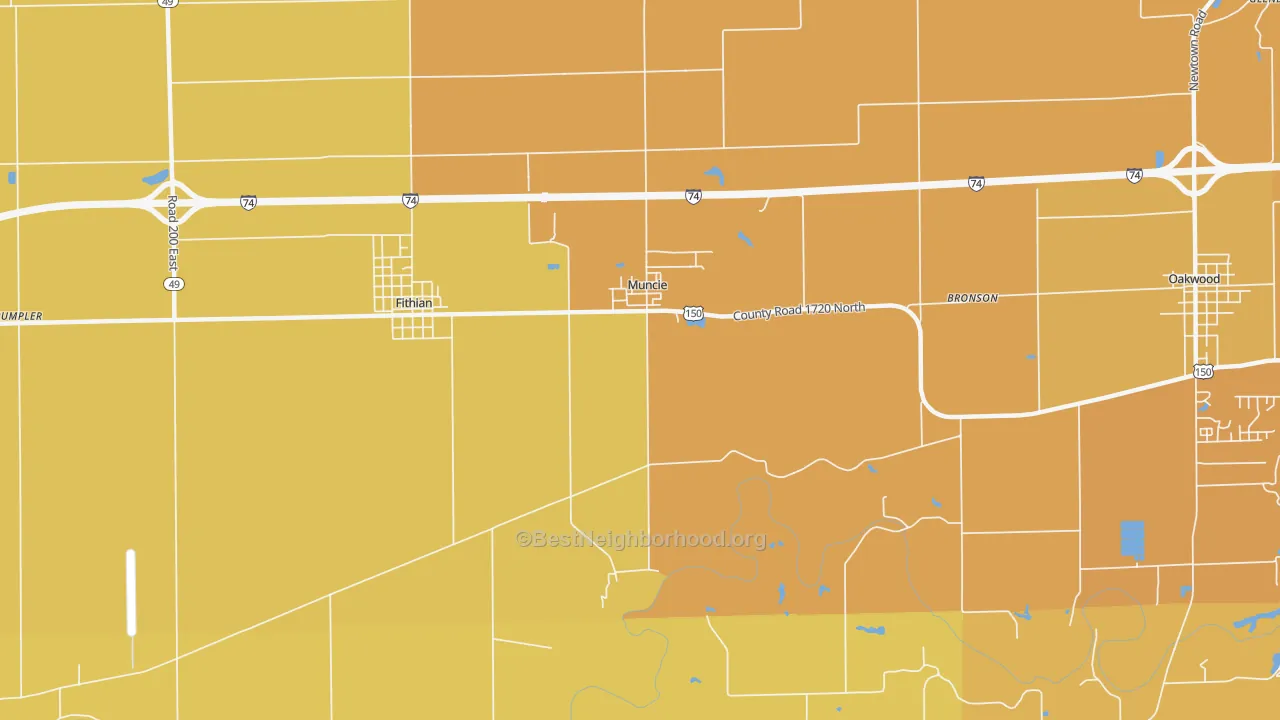 Map of the best neighborhoods in the Muncie area, with better matches in green and worse matches in red