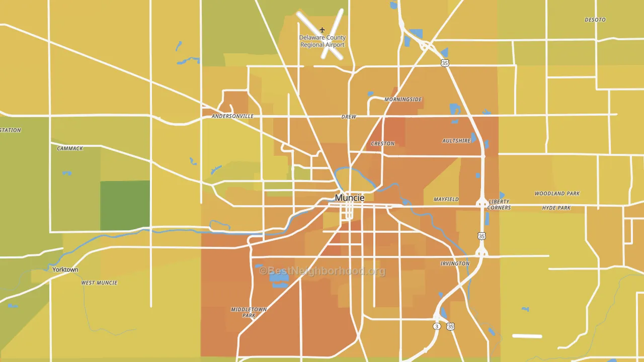 Map of the best neighborhoods in the Muncie Metro area, with better matches in green and worse matches in red