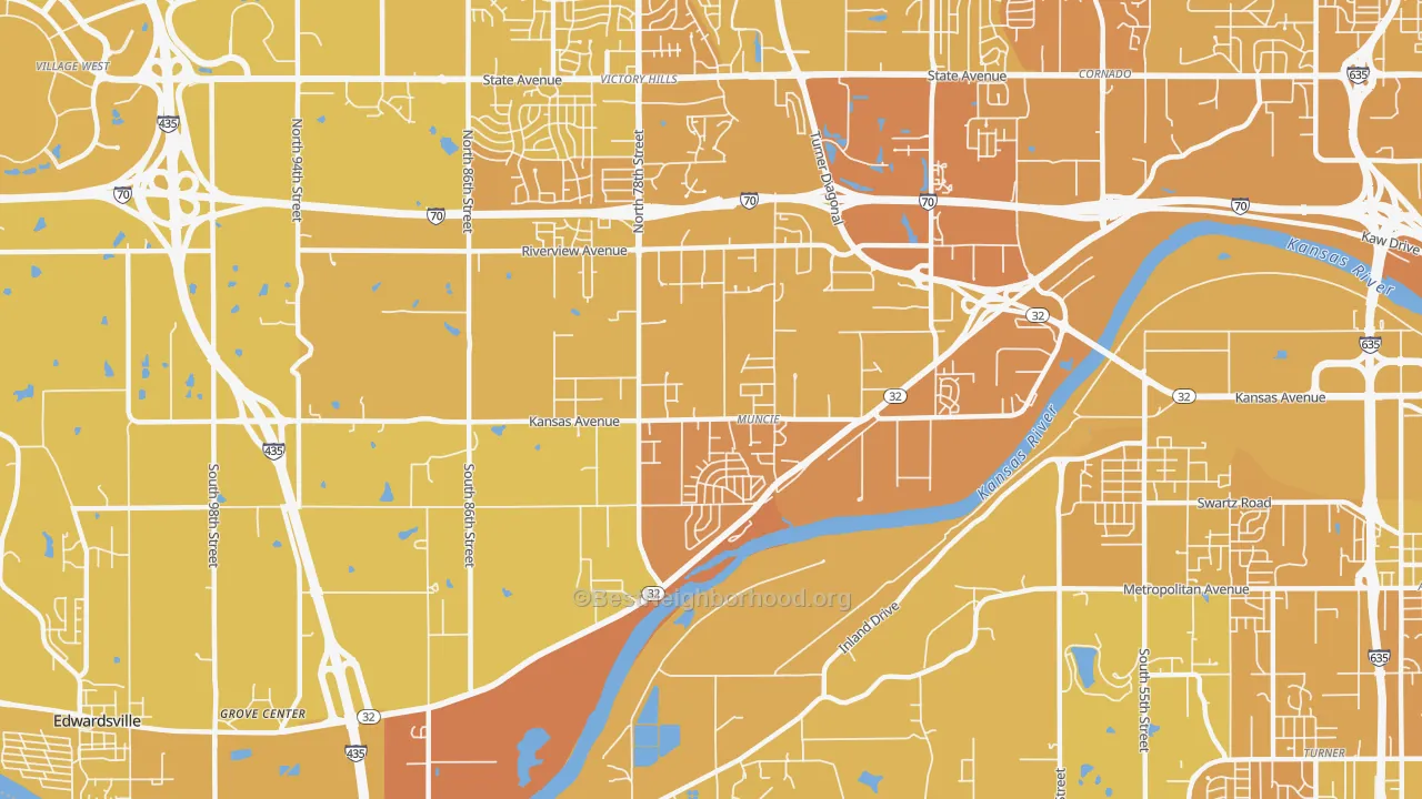 Map of the best neighborhoods in the Muncie-Stony PT., Kansas City area, with better matches in green and worse matches in red