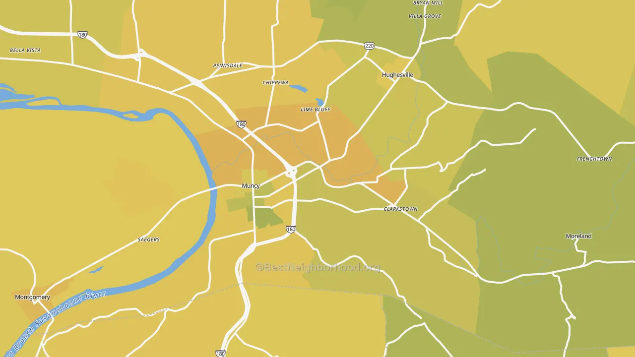Map of the best neighborhoods in the Muncy area, with better matches in green and worse matches in red